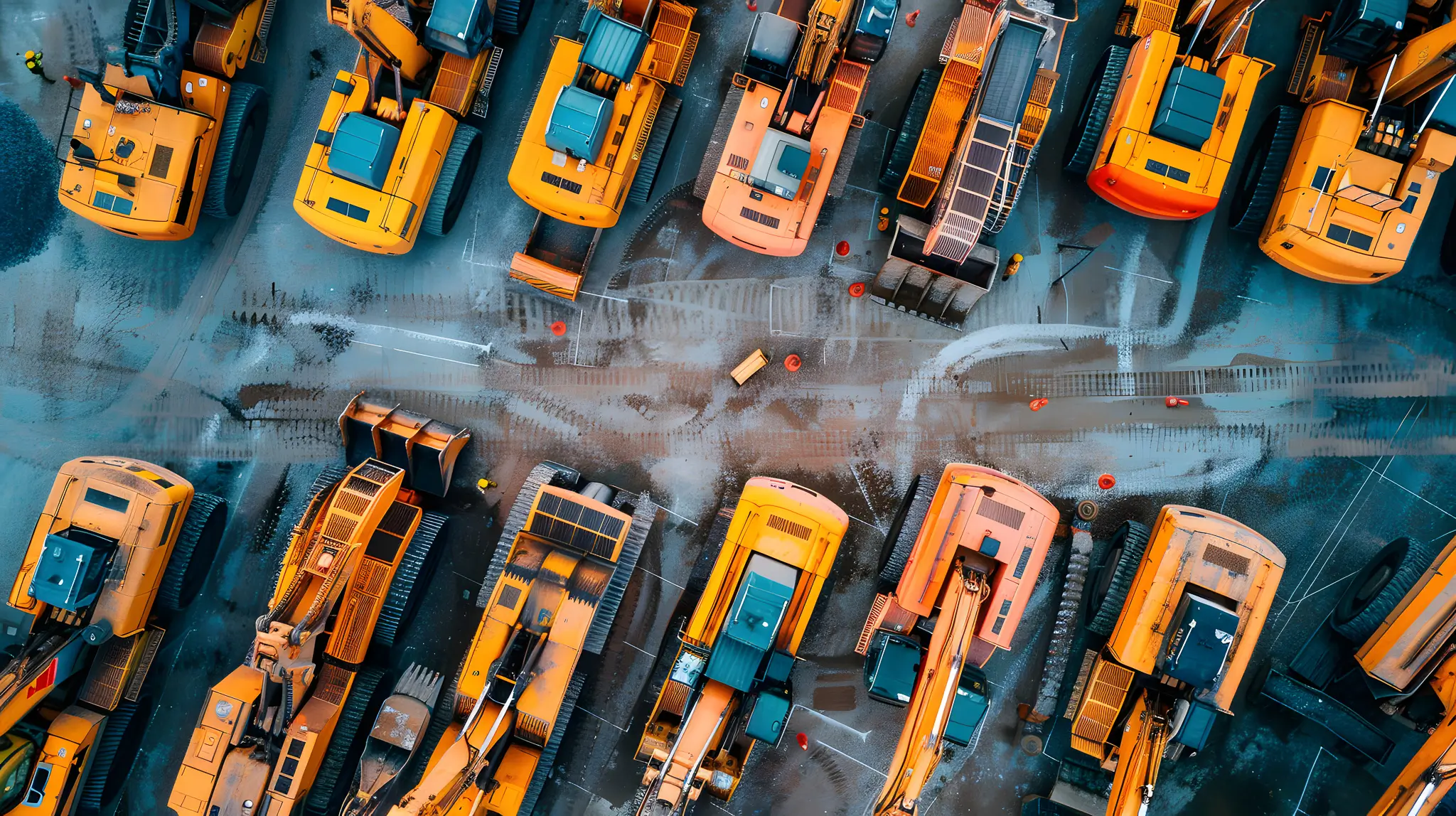 Excavators lined up in lot